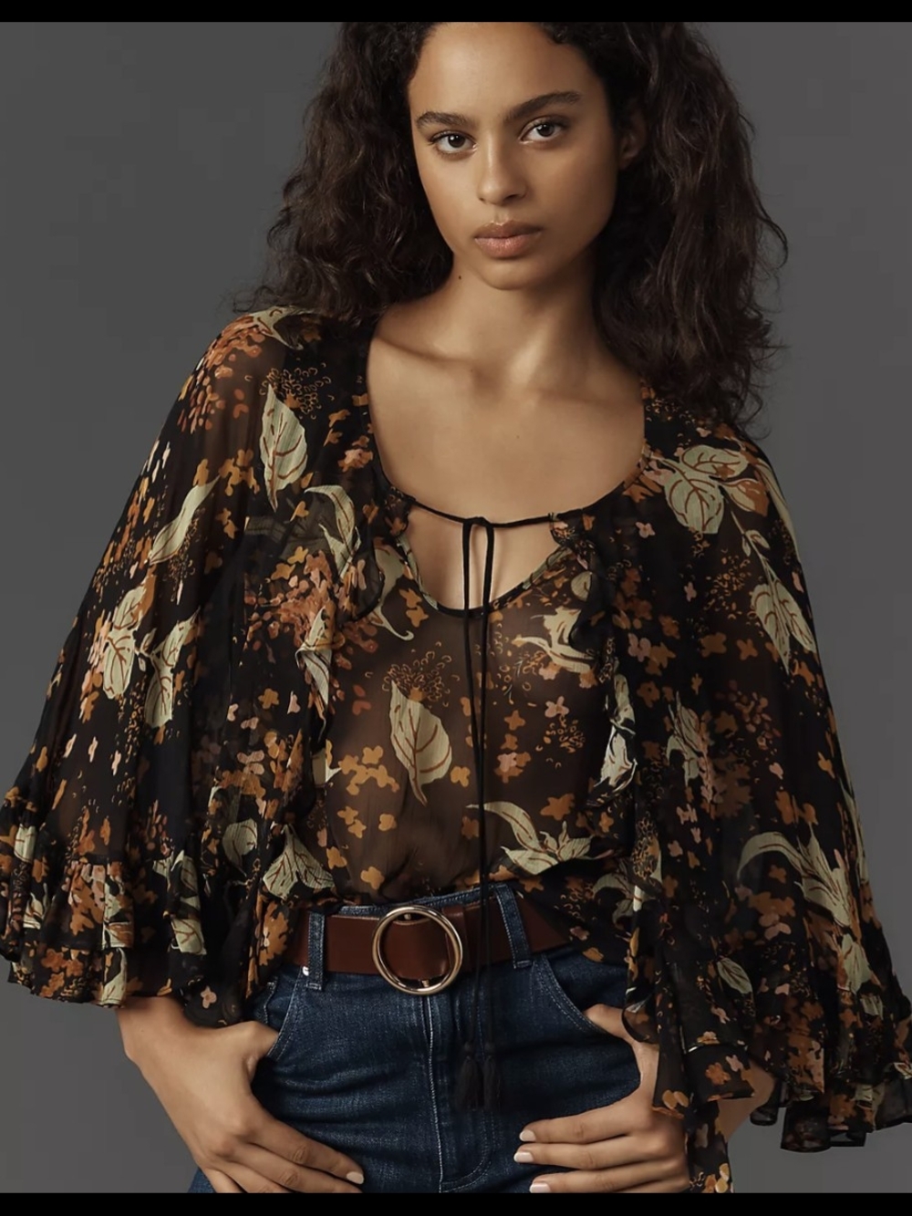 Plenty by Tracy Reese Black Sheer Floral Tie-Front Blouse For Anthropologie